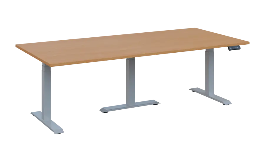 FLEXIMEET 220-100 výškově nastavitelný stůl, kovová podnož stříbrná, deska 25 mm, široký 2200 mm, buk royal